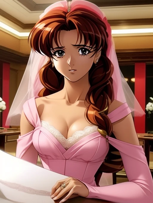 Highest quality, Tabletop, Beautiful mature woman、Beautiful Face、a woman with a strong will、office lady、Brown haired、(Brown eyes)、Long Hair、Small eyes、(((Wedding Background))),((No sleeve,Bare shoulders,Cleavage):1.3),(Party Dresses 1.4)