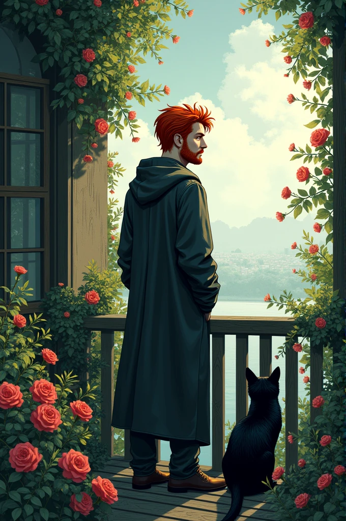 JPG format, man on a balcony with a black cat, redheaded man with a shallow beard, mournful look, flowers around