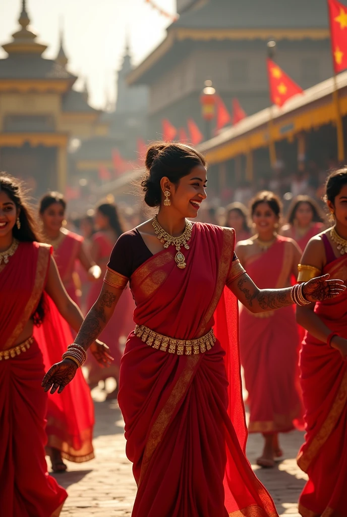 Create a group of girl wearing gold jewelery and red saree creating a circular form and dancing in the occasion of teej in the ground of pashupatinath temple