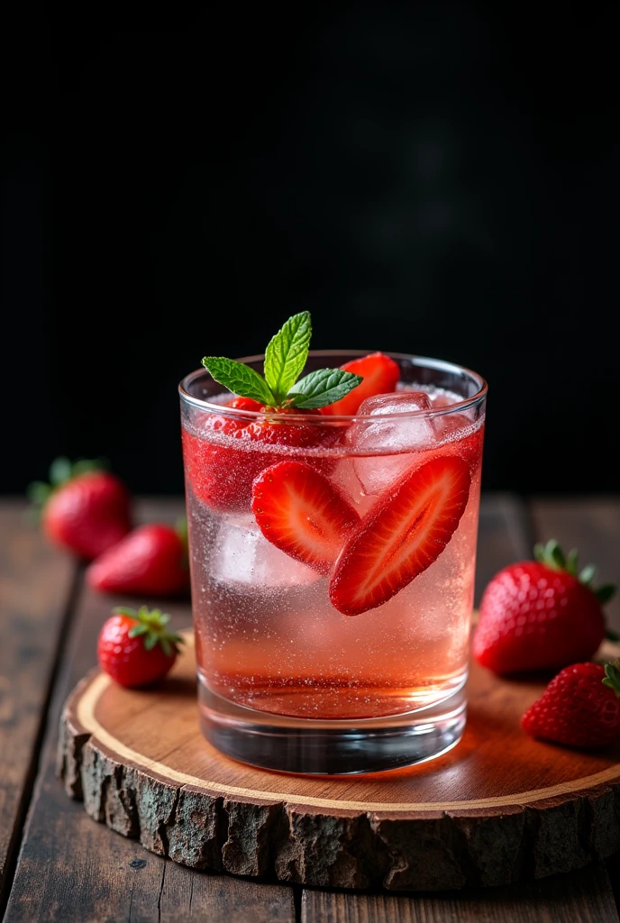 I want a photo of a strawberry drink on a wooden board with a black background. the gin has to be inside a drinking glass and filled with gin and ice with pieces of strawberries