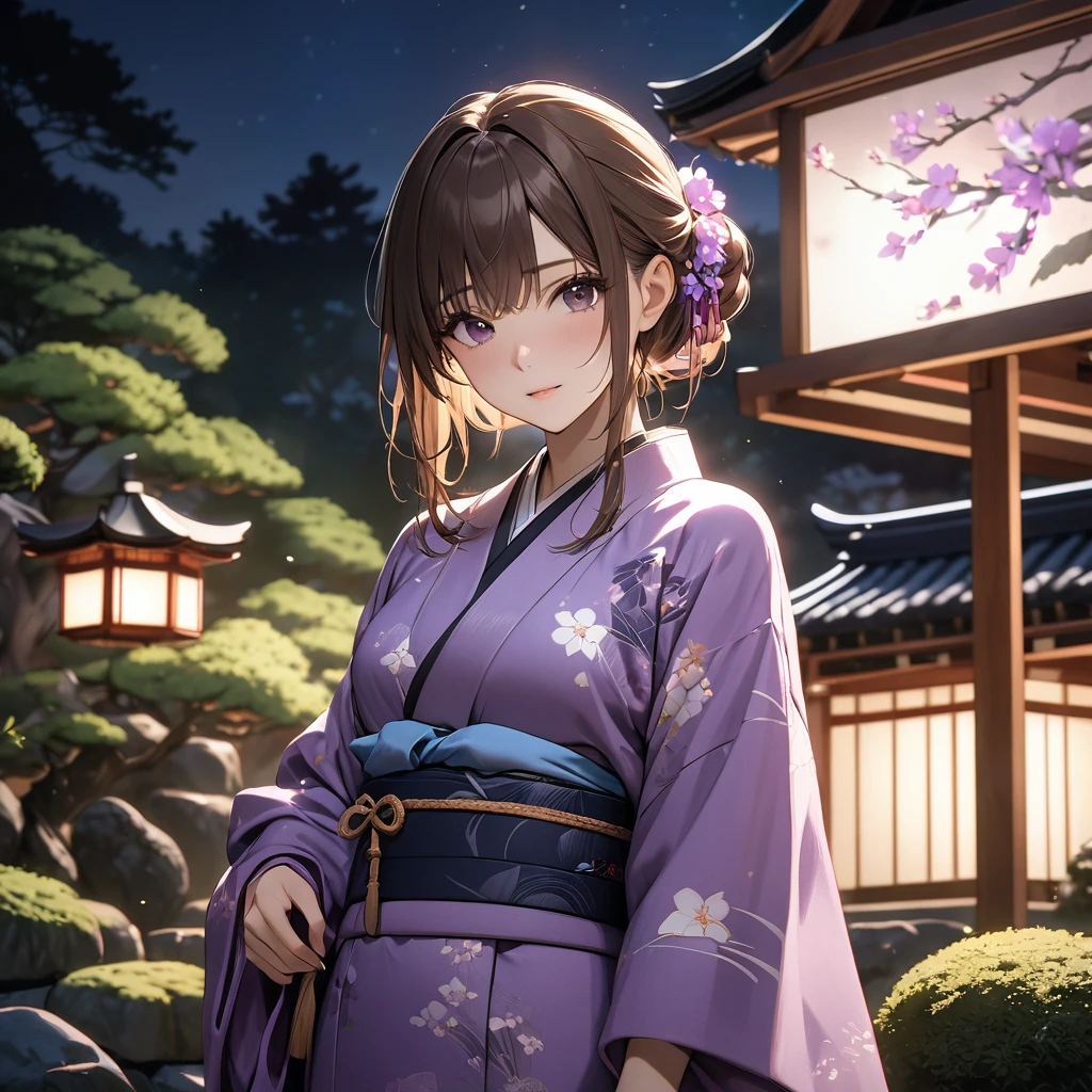 High resolution, masterpiece, 最high quality, Very detailed, high quality, Textured skin, Brown Hair, Natural look, Japanese garden,night,Cinema Lighting, Purple kimono,chest, born,Professional photography,Cinema Lighting, bow,