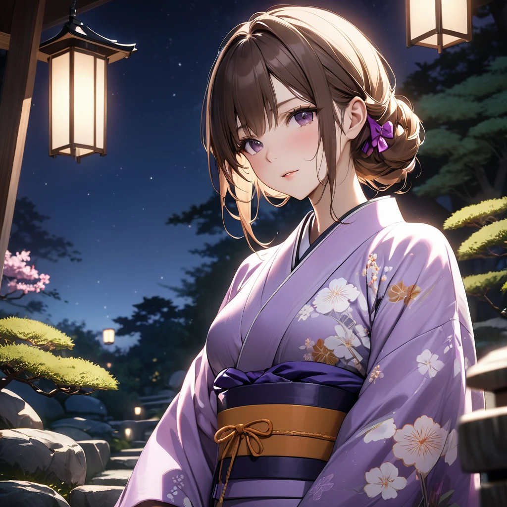  High resolution, masterpiece, 最high quality, Very detailed, high quality, Textured skin,  Brown Hair, Natural look, Japanese garden,night,Cinema Lighting, Purple kimono,chest, born,Professional photography,Cinema Lighting, bow,