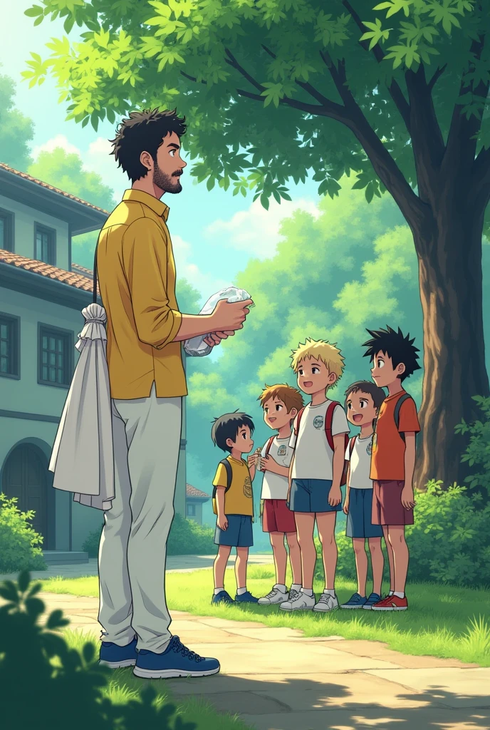 "In an anime-style scene, the medium height, medium build white man with short, curly black hair, white skin, brown eyes, and a goatee is teaching under a tree in the monastery grounds, dressed in his yellow dress shirt, white pants, and blue sneakers. The white Cistercian habit is neatly folded in a corner. The group of three girls and five boys, including a standout blonde boy and one with spiky black hair, are investigating something with curiosity around the monastery. A small umbrella provides shade, and the setting is peaceful, with soft sunlight filtering through the leaves, creating a serene and engaging atmosphere."