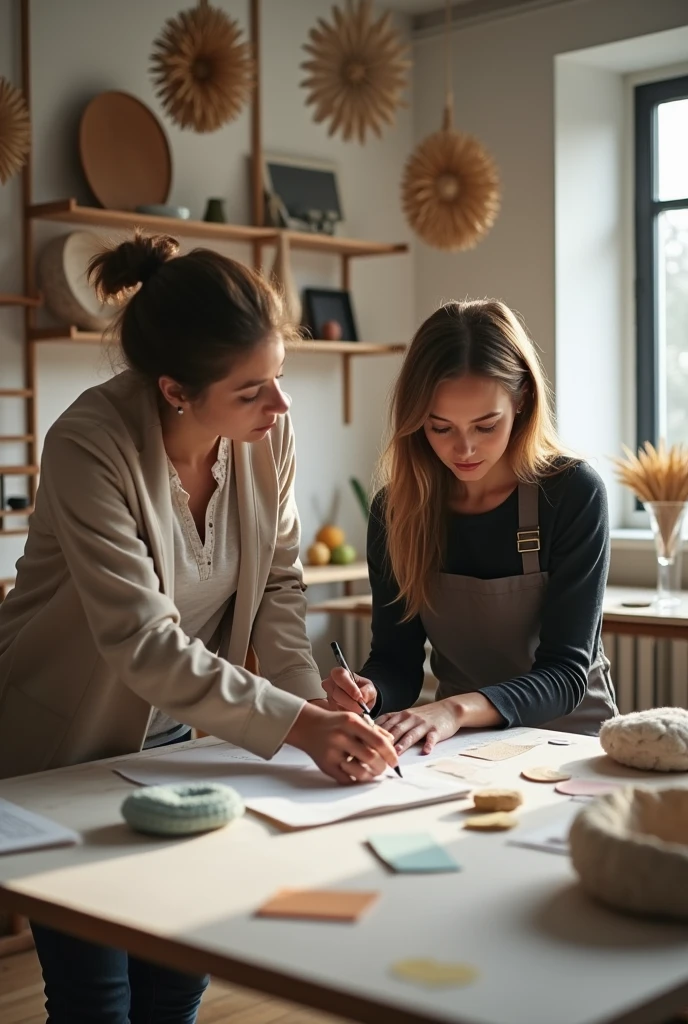 Quick clips showing interior designers working in a space: sketching ideas, selecting natural materials and trying different textures.