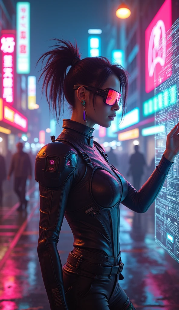 "Generate an ultra-realistic 4K image of a bustling street in a cyberpunk city, blending 1980s retro elements with futuristic touches. The scene should feature vibrant neon lights, holograms, and a VHS aesthetic. In the foreground, include a strong, confident female protagonist wearing a sleek, high-tech outfit with retro influences, such as neon accents and a visor. She should be interacting with advanced technology, like holographic displays, while the street is alive with a mix of futuristic and vintage elements. Render the details with a focus on the fusion of old and new, highlighting the vibrant, dynamic atmosphere of the setting."