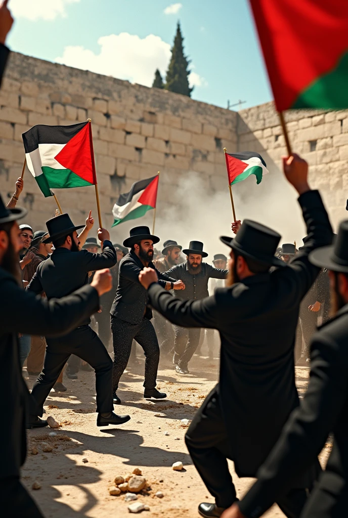 Scene of violence in Jerusalem at the Western Wall, Palestinians carrying flags attack rabbis with stones, strong and violent dinner, angry crowd, Realistic Scene, 8k, volumetric lighting, High details.