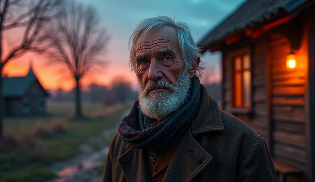 ancient russian man, looking directly at the camera, not at the center, clear facial features, bright colors, light particles, with bright light, Mushhiv, wallpaper art, UHD wallpapers, vivid atmosphere, near a house ancient village