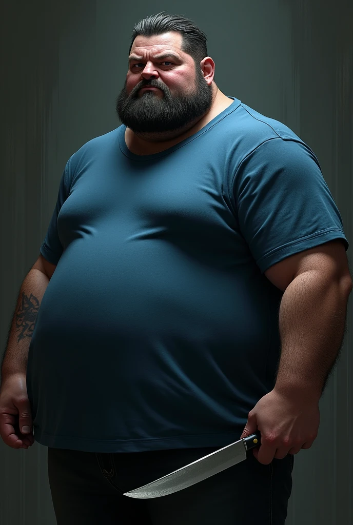 Create a slightly fat evil man with a beard and straight hair wearing a blue t-shirt with a knife