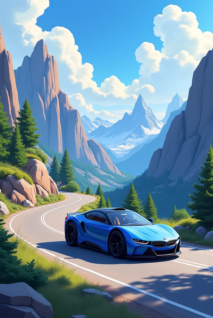 A BMW cruising through a winding mountain road, with a bright, animated sky, puffy clouds, and tall, jagged peaks. The car has a smooth, exaggerated design, with big tires and an animated, lively appearance. Trees and rocks along the road are drawn in a soft, cartoonish style."