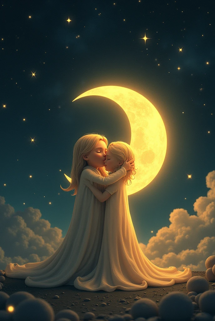 An image for a story about a character of a moon that hugs her stingy friend and that has a space background