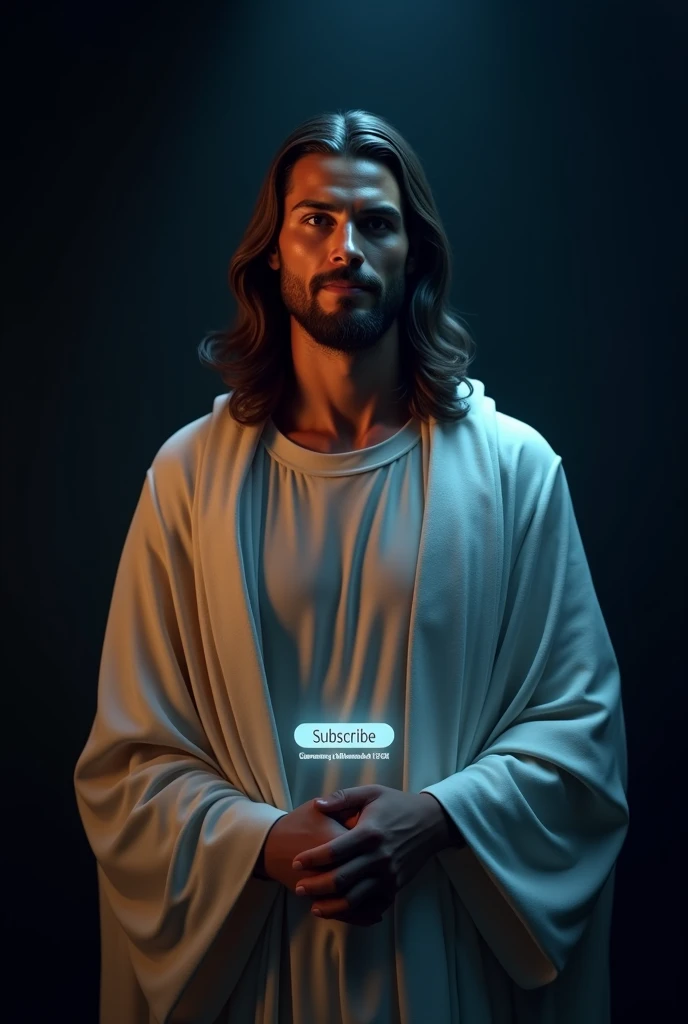 "A hyper-realistic, ultra-high 36k resolution image featuring a split-screen scene. On the left side, Jesus stands, smiling gently, with his face clearly visible, looking forward. Below Jesus, there is a glowing red subscribe button. On the right side, Cristiano Ronaldo stands confidently, his face fully visible, with a slight smile, looking forward. Below Ronaldo, a glowing blue like button is displayed. The background is dark with subtle lighting to highlight both figures, creating a dramatic yet balanced visual effect."