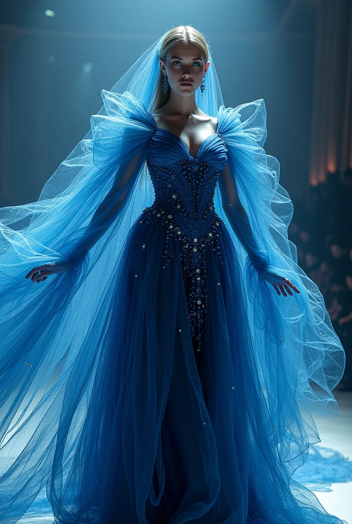 Graceful Fashion show costume showing dynamics,power and elegance of ocean with a navy blue full frock as a base and different shades of blue net fabric adding layers