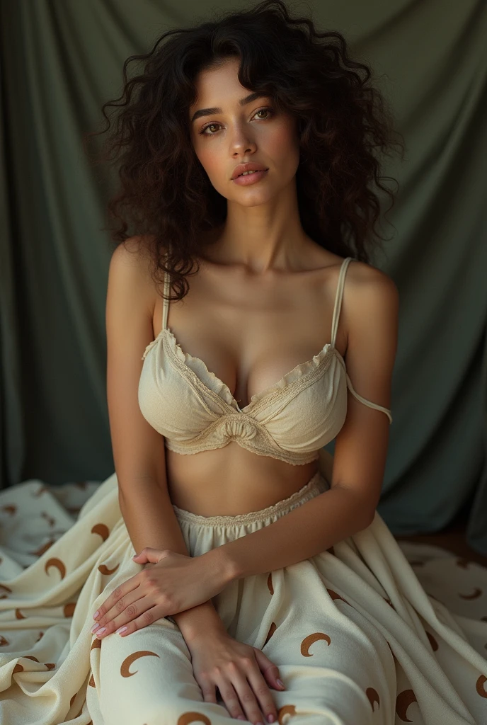 A brunette girl with curly hair and big breasts is sitting with moon skirts, taking a realistic photo