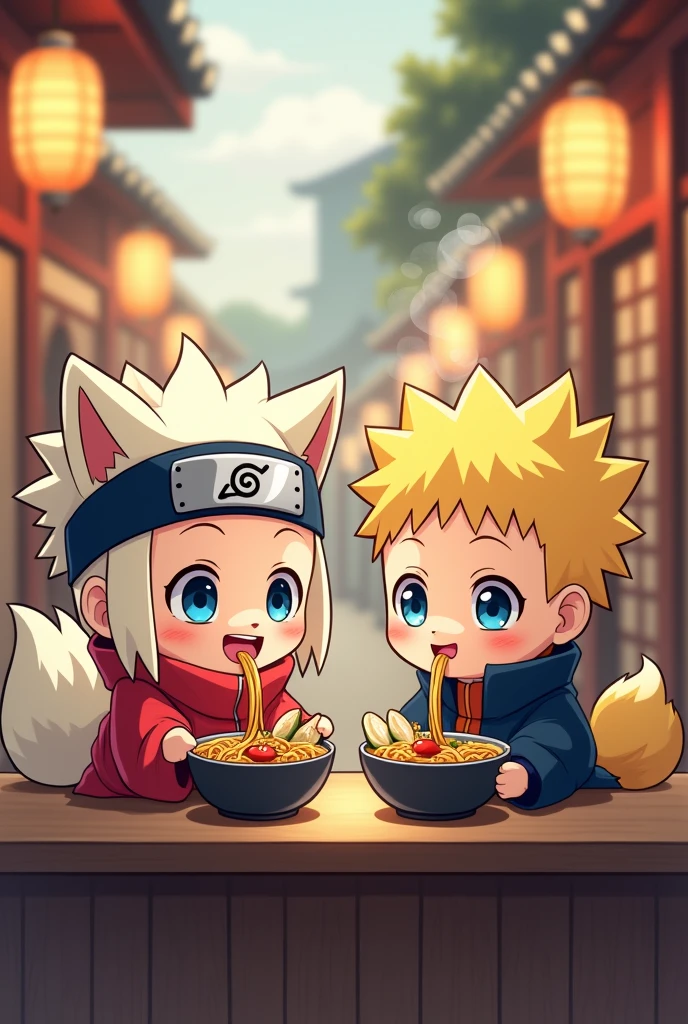 Naruto and Kurama chibi eating cute ramen