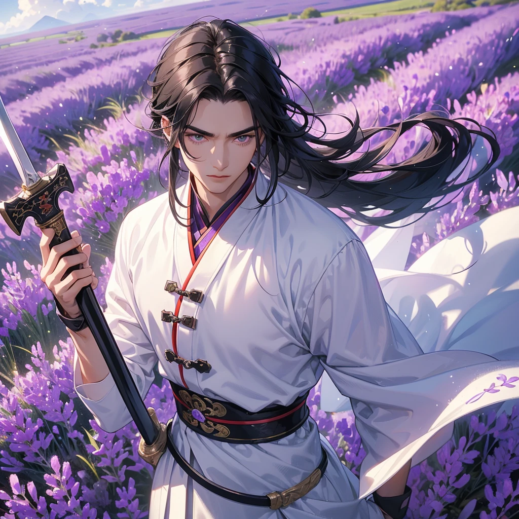 A Handsome black-hair male holding a large sword in an white ancient chinese costume, close up.
Stroll among the purple lavender fields , There are some floating clouds.