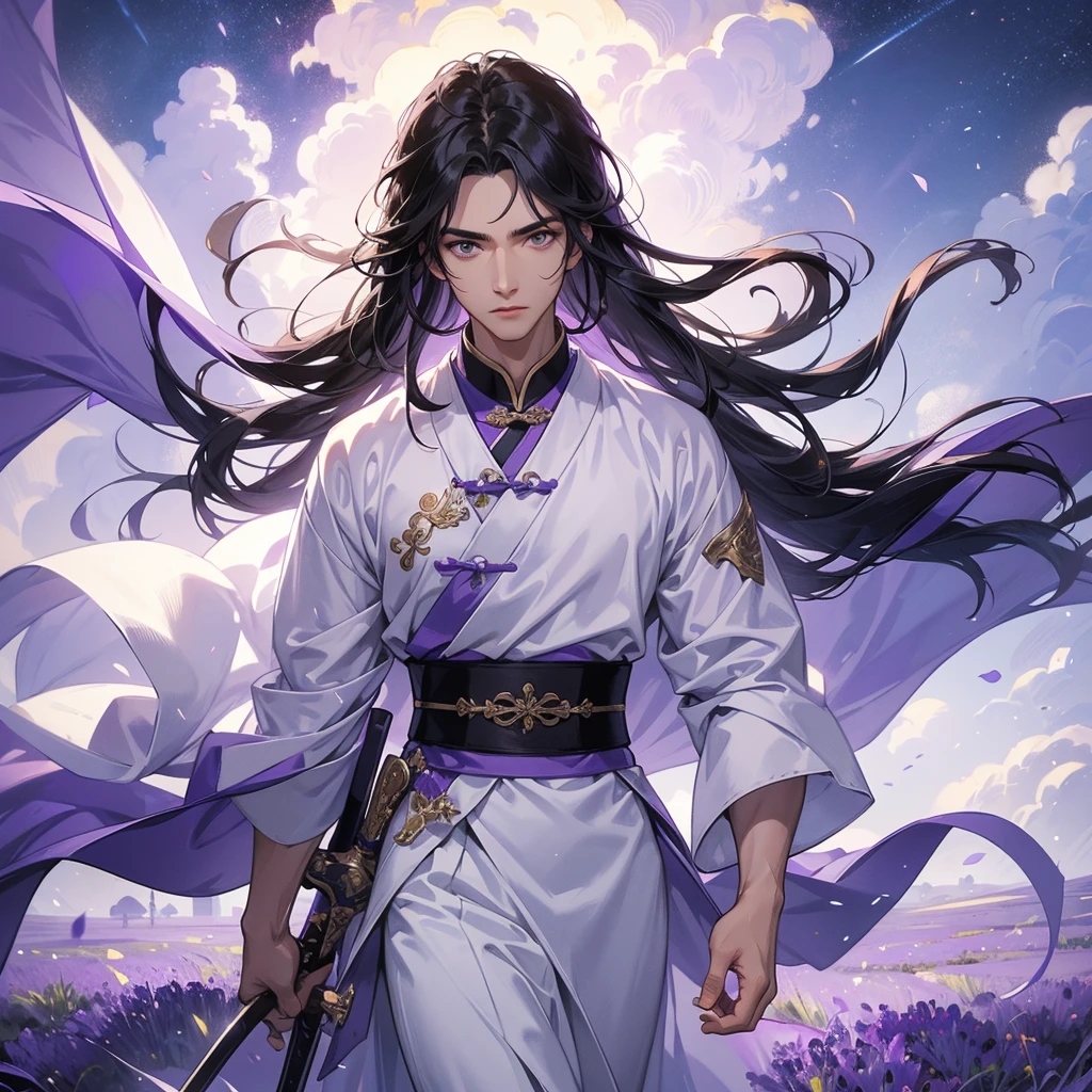 A Handsome black-hair male holding a large sword in an white ancient chinese costume, close up.

Stroll among the purple lavender fields , There are some floating clouds.