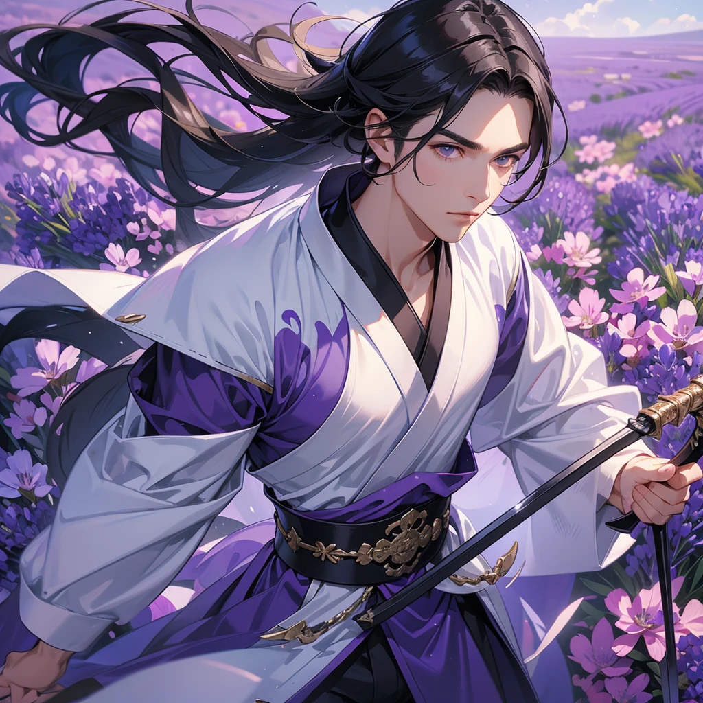 A Handsome black-hair male holding a large sword in an white ancient chinese costume, close up.
Stroll among the purple lavender fields , There are some floating clouds.