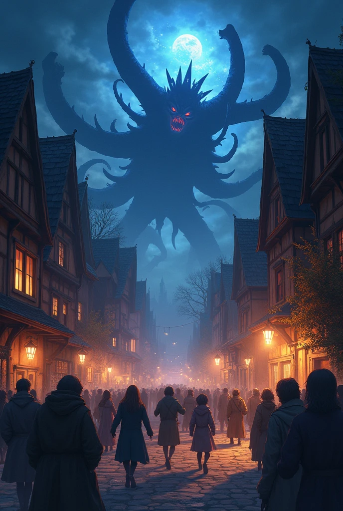 Anime-style fantasy town in the Middle Ages is attacked by monsters, panic people animation night 