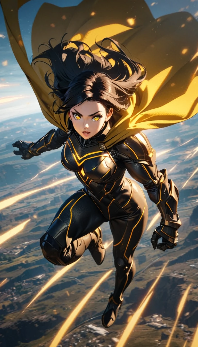 female, superhero, cape, armor, gauntlets, glowing lines on suit, muscular, full body suit, textured suit, flying, cinematic, yellow eyes, black hair 