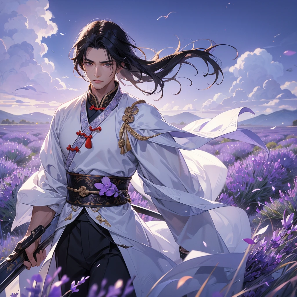 A Handsome black-hair male holding a large sword in an white ancient chinese costume, close up.
Stroll among the purple lavender fields , There are some floating clouds.