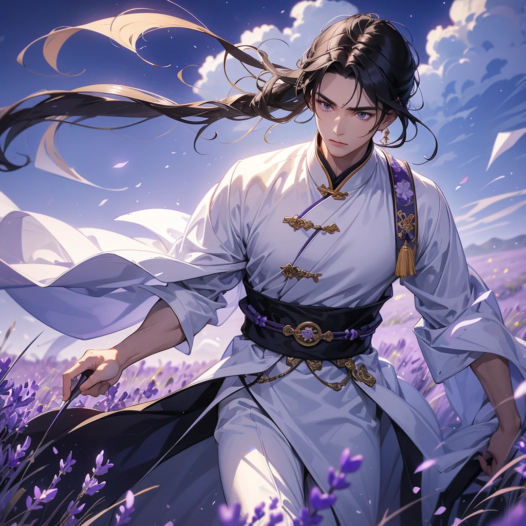 A Handsome black-hair male holding a large sword in an white ancient chinese costume, close up.

Stroll among the purple lavender fields , There are some floating clouds.