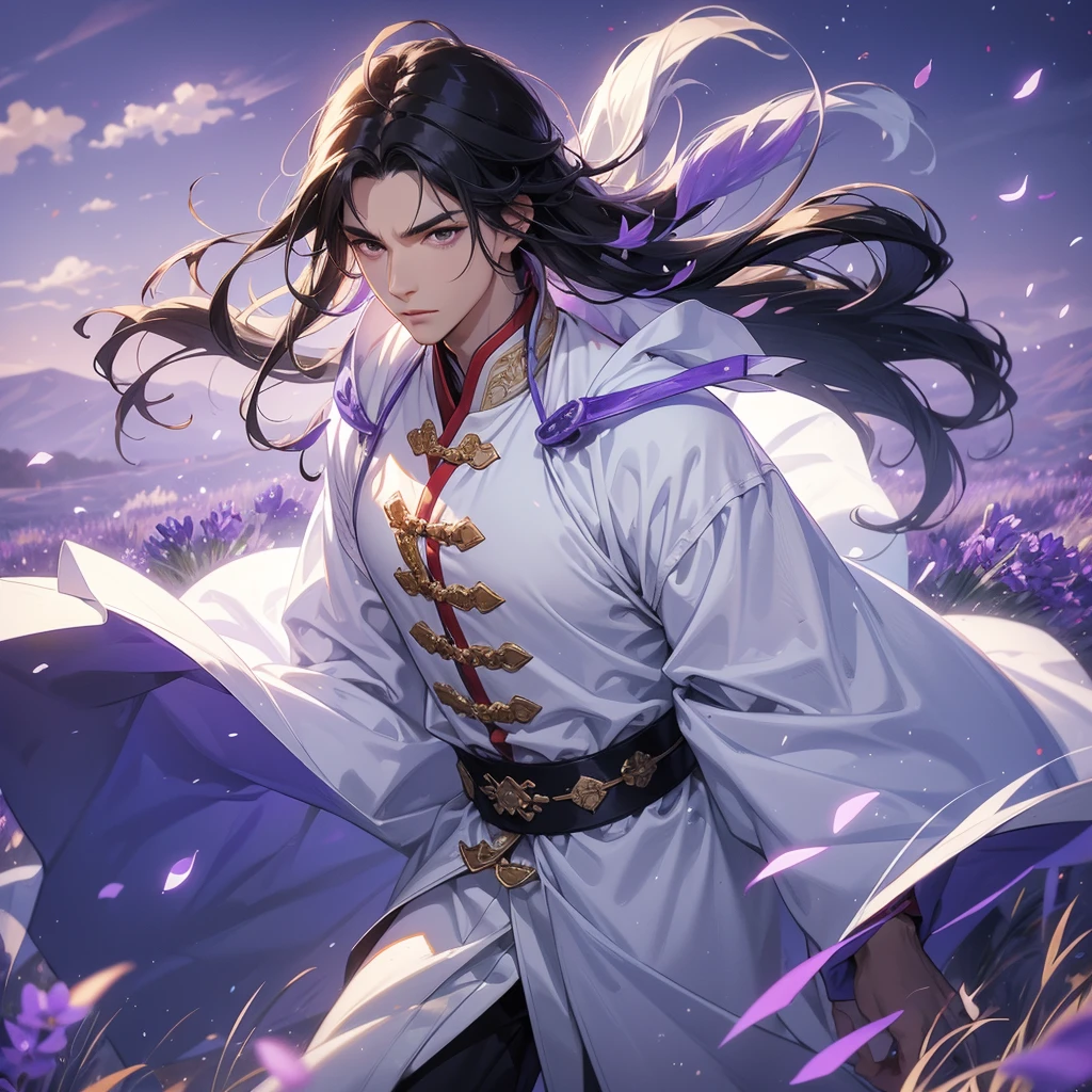 A Handsome black-hair male holding a large sword in an white ancient chinese costume, close up.
Stroll among the purple lavender fields , There are some floating clouds.