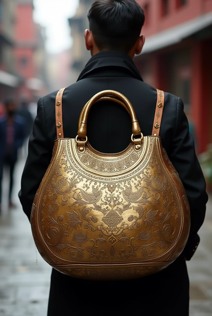 A bag inspired by the newari brass utensil.
