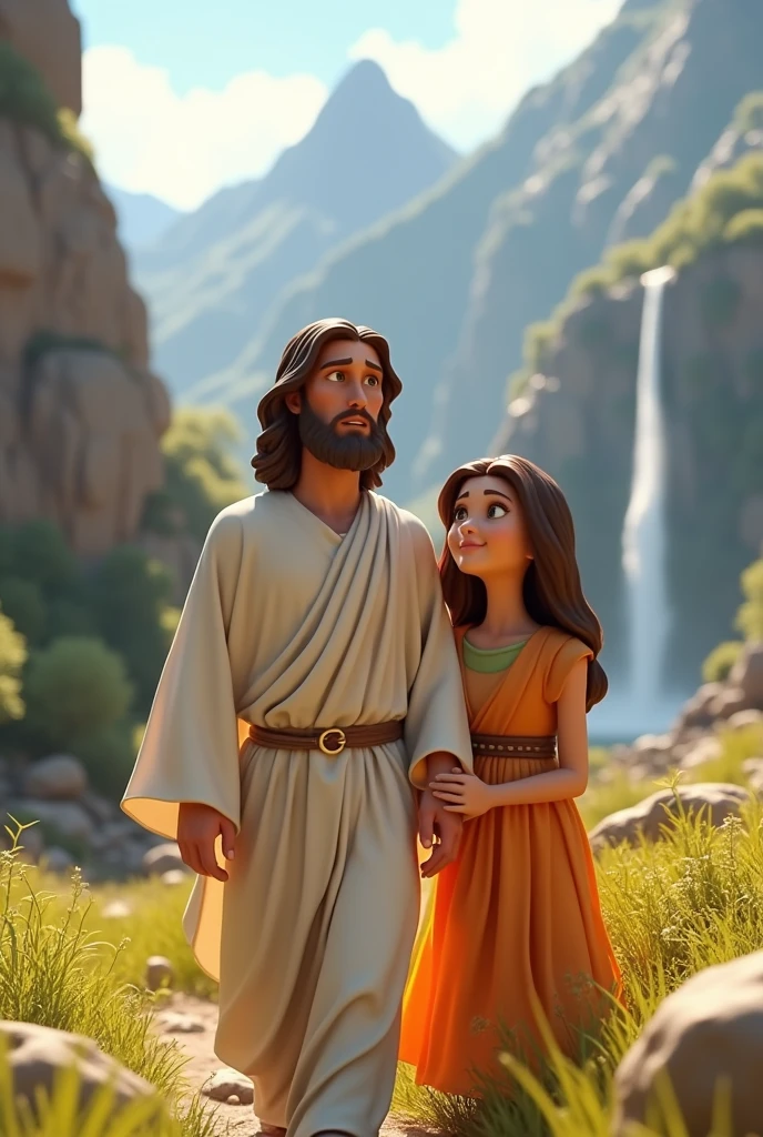 Create Disney Pixar 3D Model.
Jesus of biblical history, in white dress.
With a brunette, age of , of colorful dress.
In an environment with many mountains and waterfalls.
in a sunny day