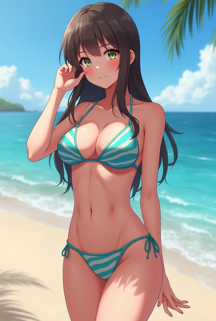 Give me an anime girl in a swimsuit with big tits and a big ass and with her vagina exposed