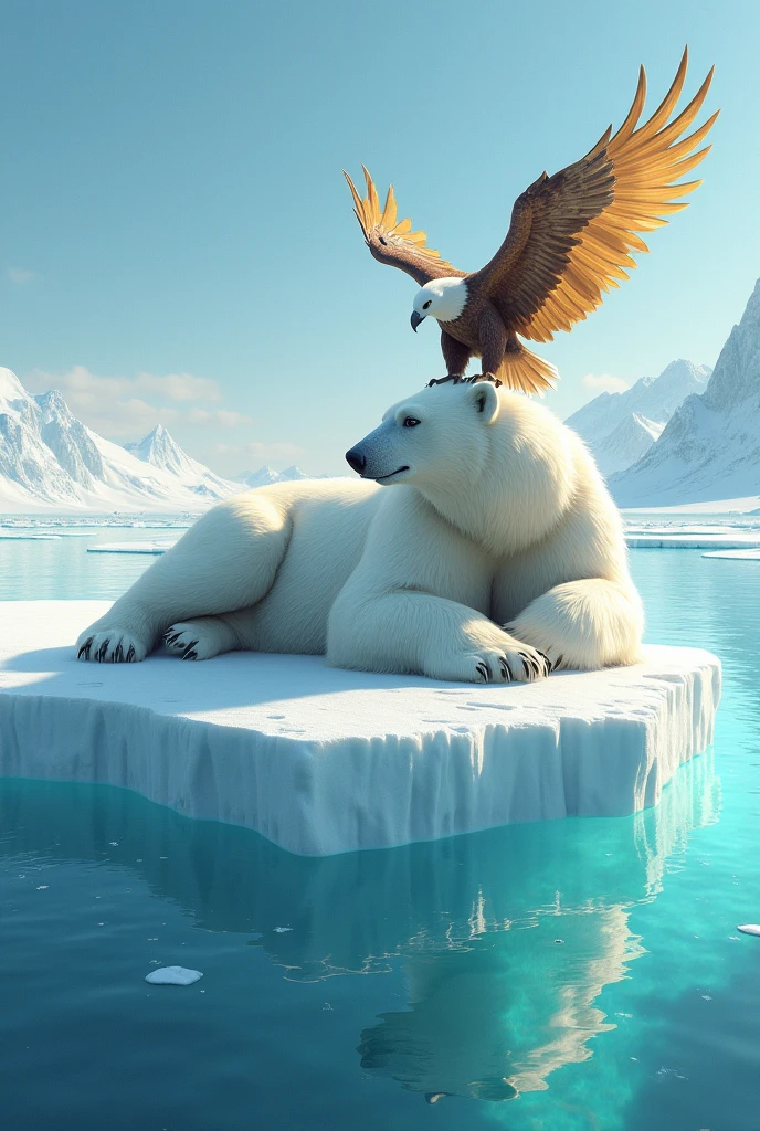 A polar bear lying on an iceberg, with an eagle perched on his chest