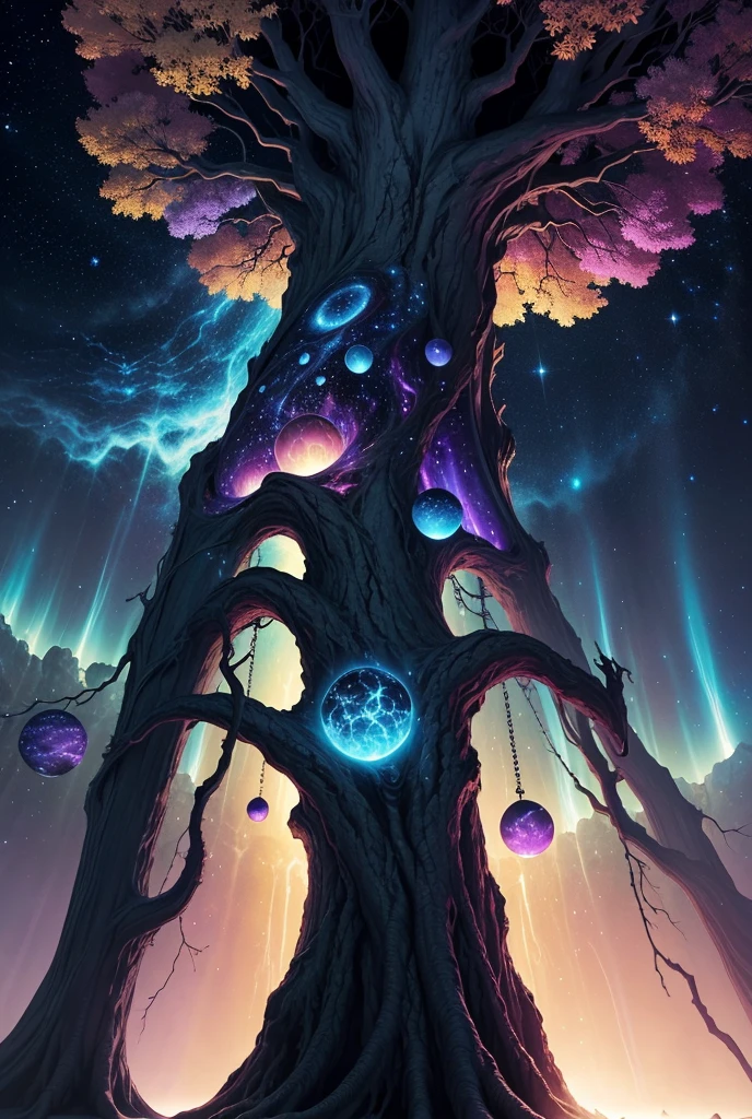 Subject: horror An enormous Eldritch Tree with branches that generate galaxies and a trunk that sustains the Chaos Universe. The tree glows with vibrant purples, blues, and golds, its bark covered with glowing orbs and ancient symbols.
Environment/Background: A cosmic expanse filled with swirling nebulae, intricate cosmic designs, and floating celestial bodies. The scene exudes an aura of ancient, mystical power, highlighting the tree's crucial role in the cosmos.
Image Type: Cosmic fantasy scene
Art Styles: Fantasy, cosmic, eldritch, detailed, majestic
Camera/Shot: Wide shot, emphasizing the tree's grand and mystical presence
Lighting: Ethereal, cosmic lighting with vibrant highlights and deep shadows
Render-related: High resolution with intricate textures and a detailed cosmic background