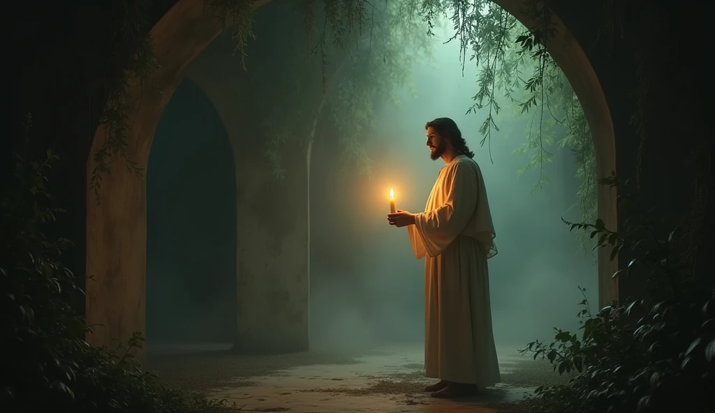 Jesus lighting a candle in a dark room, symbolizing hope in times of professional despair. in an environment with concert foliage flying over the scene in a misty environment, create an impressive image that is so beautiful
