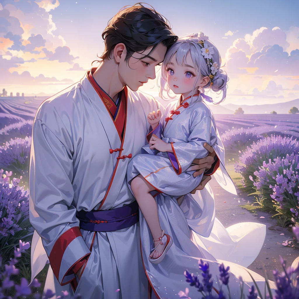 A one-year-old baby boy in an ancient Chinese baby costume with his beautiful mother, dressed in an white ancient Chinese costume, Stroll among the purple lavender fields , There are some floating clouds, playing with each other, with his handsome father standing next to his mother, close up.