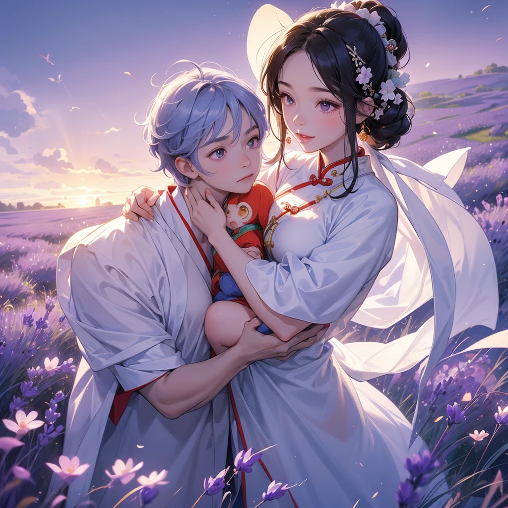 A one-year-old baby boy in an ancient Chinese baby costume with his beautiful mother, dressed in an white ancient Chinese costume, Stroll among the purple lavender fields , There are some floating clouds, playing with each other, with his handsome father standing next to his mother, close up.