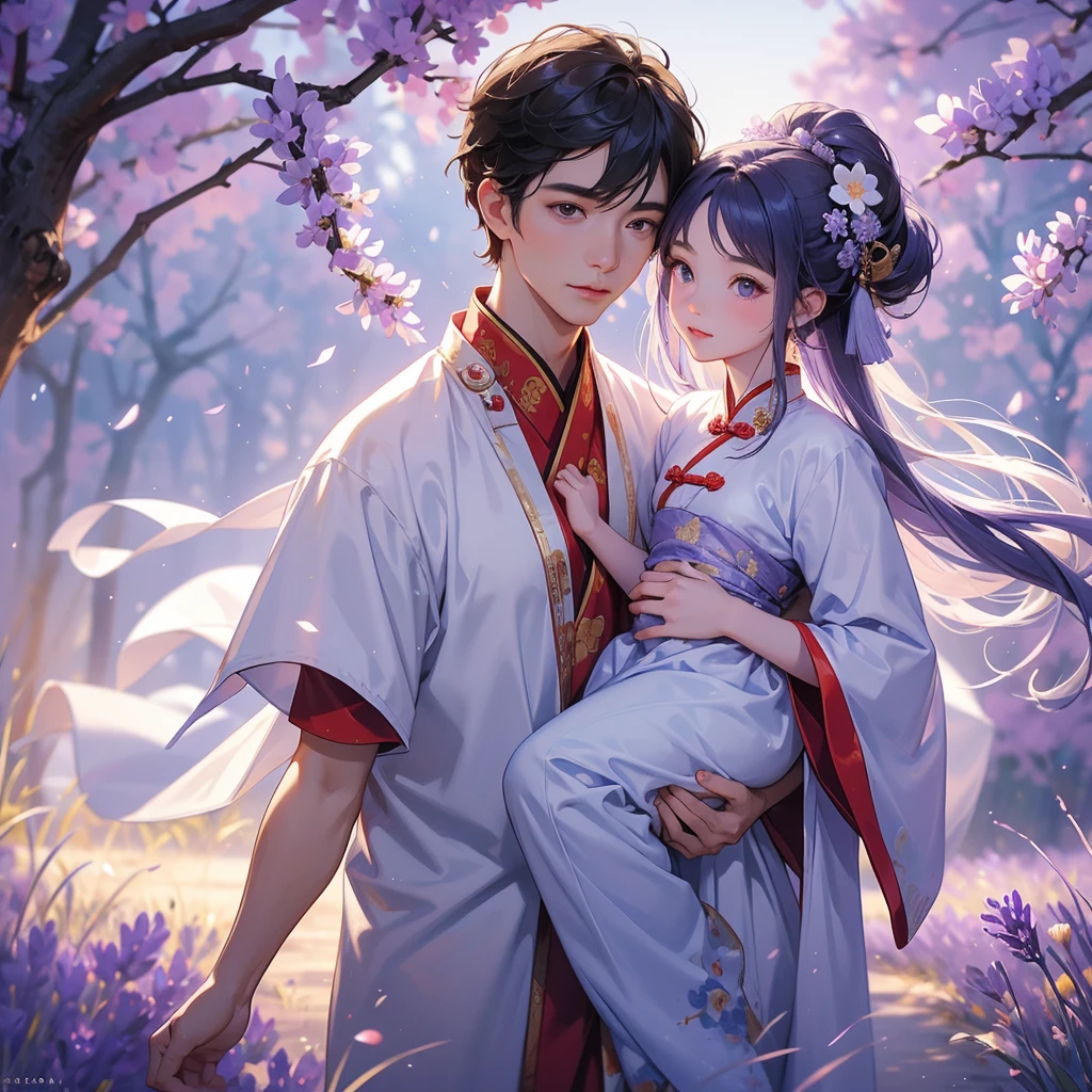 A one-year-old baby boy in an ancient Chinese baby costume with his beautiful mother, dressed in an white ancient Chinese costume, Stroll among the purple lavender fields , There are some floating clouds, playing with each other, with his handsome father standing next to his mother, close up.