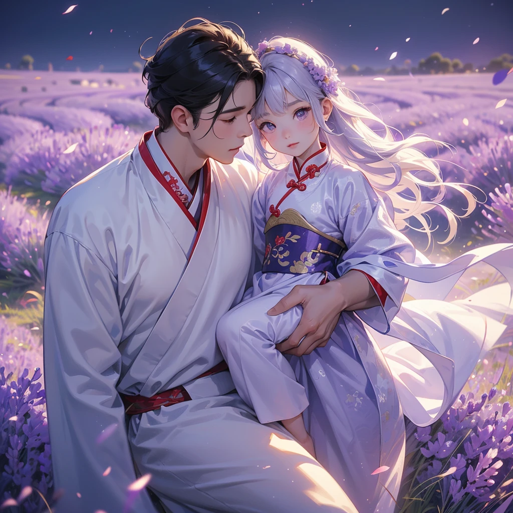 A one-year-old baby boy in an ancient Chinese baby costume with his beautiful mother, dressed in an white ancient Chinese costume, Stroll among the purple lavender fields , There are some floating clouds, playing with each other, with his handsome father standing next to his mother, close up.