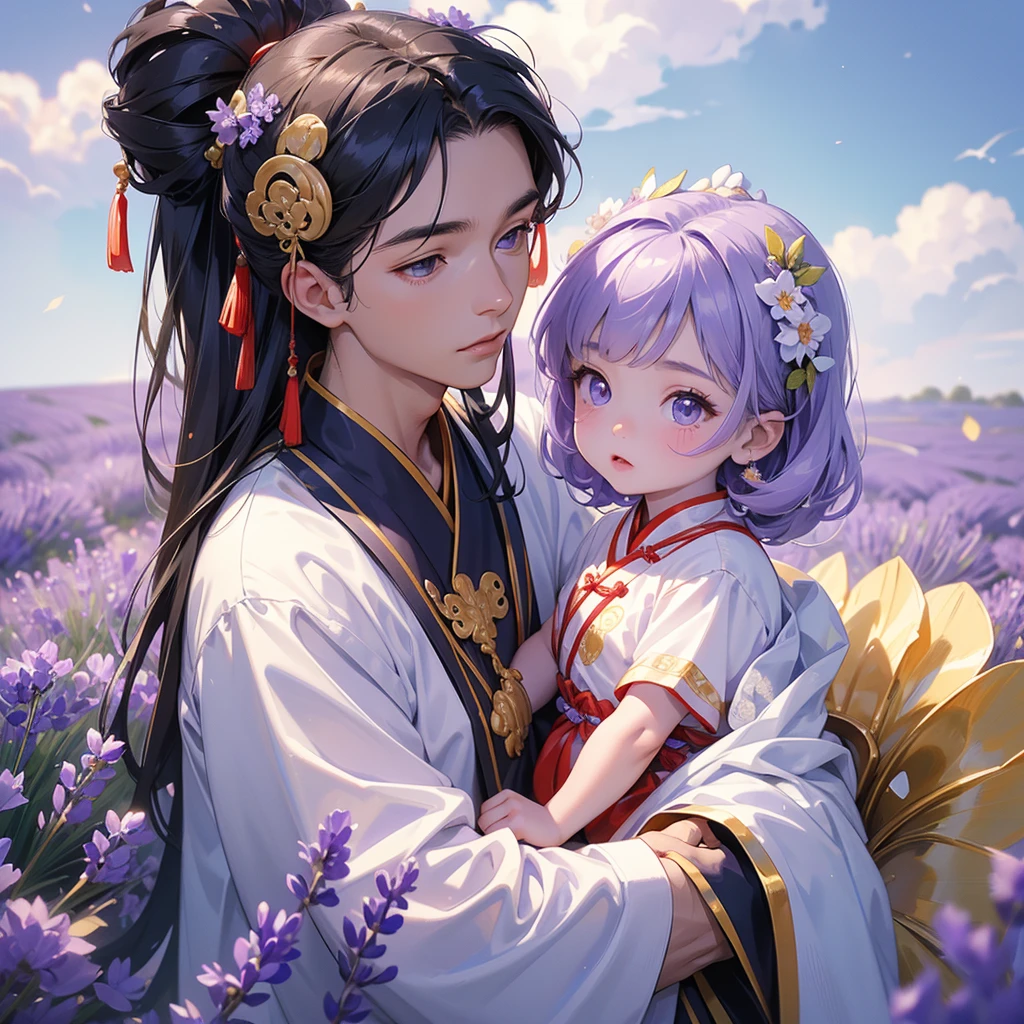 A -yead bab an ancient Chinese baby costume wiis beautiful mother, dressed in an white ancient Chinese costume, Stroll among the purple lavender fields , There are some floating clouds, playing with each other, with his handsome father standing next to his mother, close up.