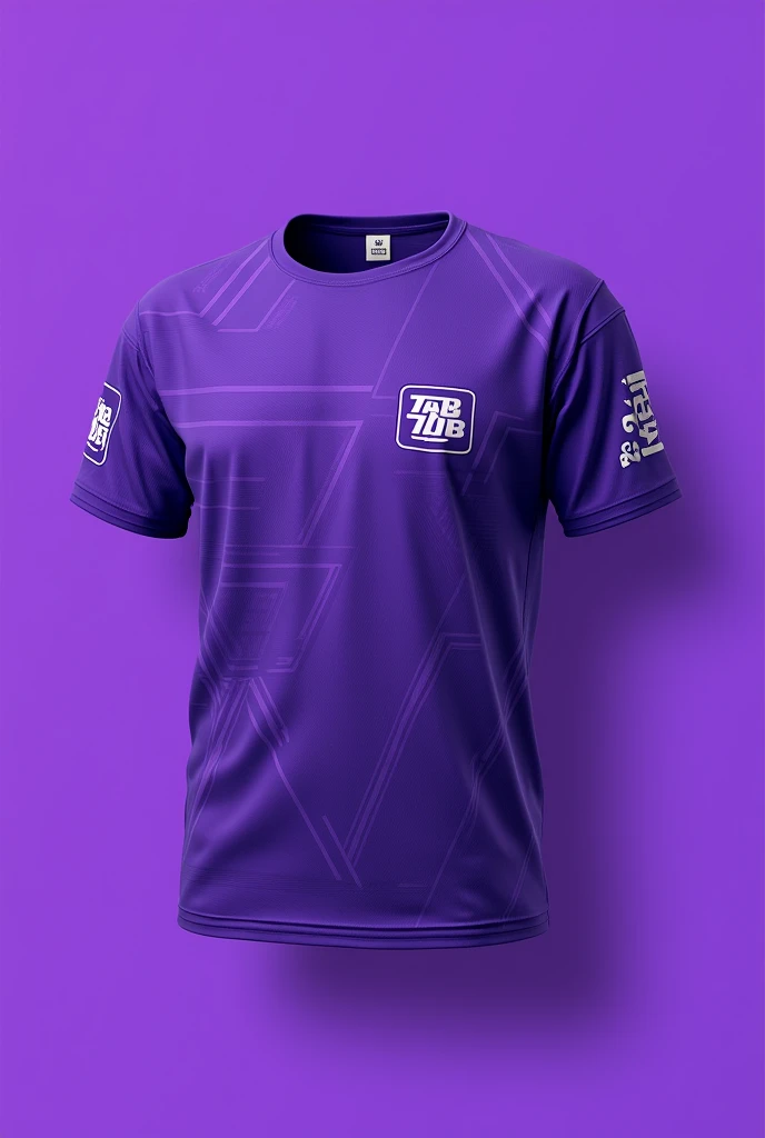 An interclass shirt with no animals and only lines and geometric shapes, purple color, no buttons or polo collar. Na manga direira um Written "IACS" and on the chest a logo with "7mb" Written.