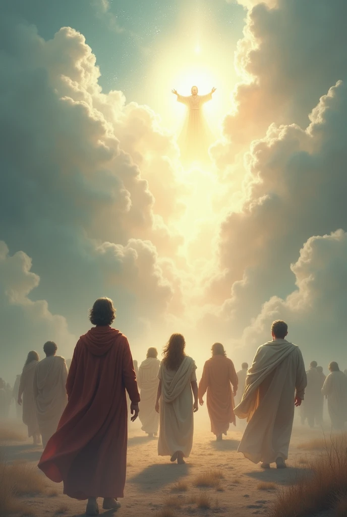Create the image of several people walking towards heaven where God is