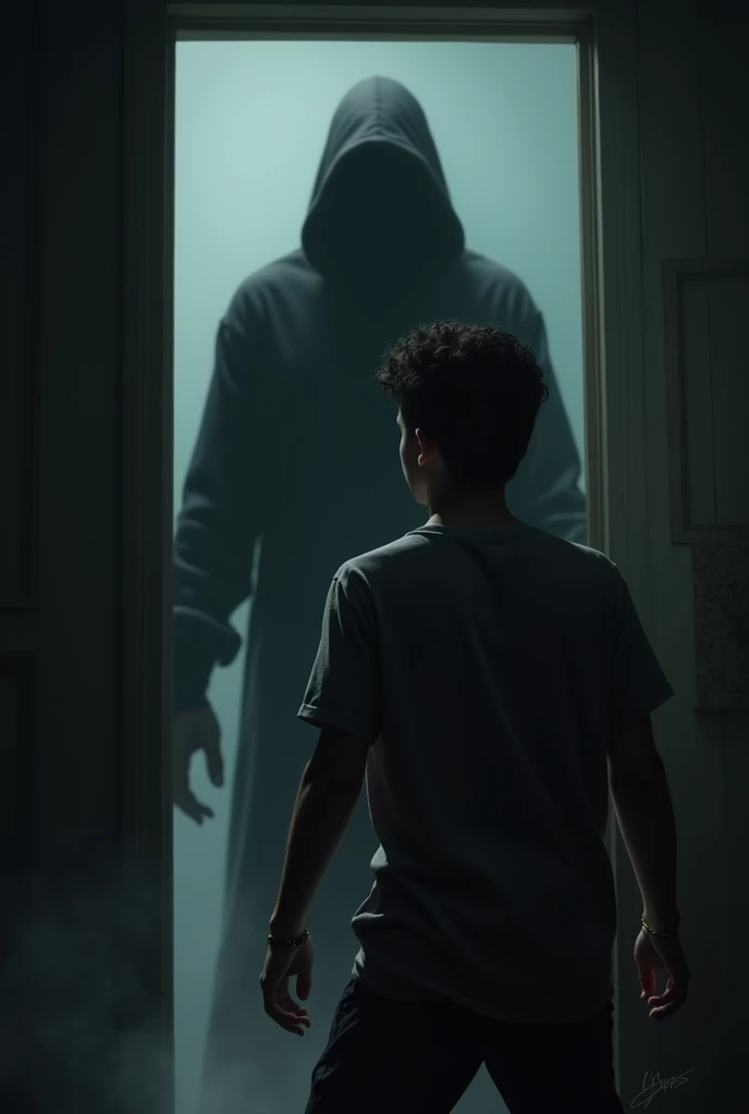 Une silhouette sombre et indistincte se tenant dans l'encadrement de la porte. La silhouette est floue, avec des contours vagues, et dégage une présence menaçante. Max un jeune homme en chemise est montré en train de se retourner, terrifié.