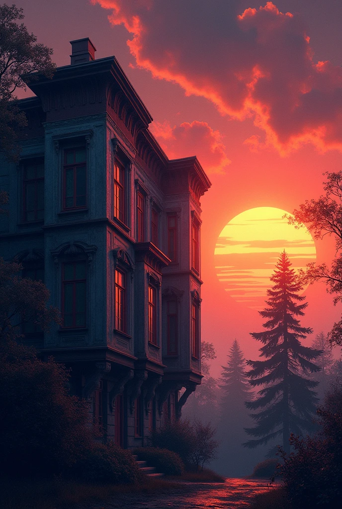 For your book cover, imagine a building's facade in the foreground, with one half of it prominently displayed. The building could have an intriguing, perhaps slightly mysterious architectural style to draw in readers. Behind this, a vibrant sunset paints the sky with hues of orange, pink, and purple, creating a dramatic backdrop. Silhouetted against the sunset are trees, adding a touch of natural beauty and depth. The contrast between the structured building and the organic, fluid nature of the sunset and trees could convey a sense of both order and chaos, fitting for a compelling book cover.