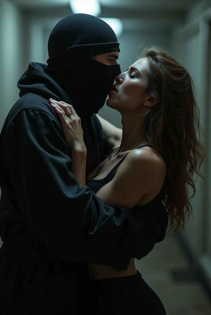 A terrorist kisses a woman with their tongues intertwined