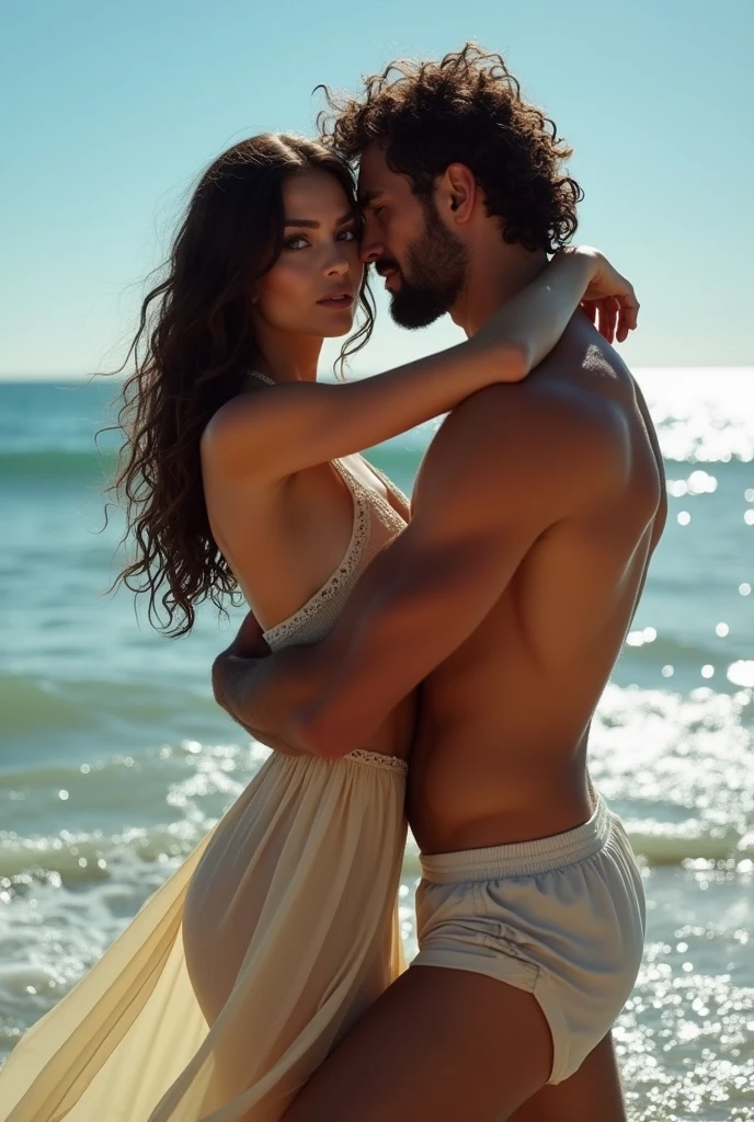 A hot brunette girl seductively snuggles up to a man with curly hair and beard. they are nakedThey are standing in the sea. He has a surferboy style and she wears a beautiful dress playing with the camera. He takes her from behind. ,Brustwarzen,Body view,bright light,viewer,