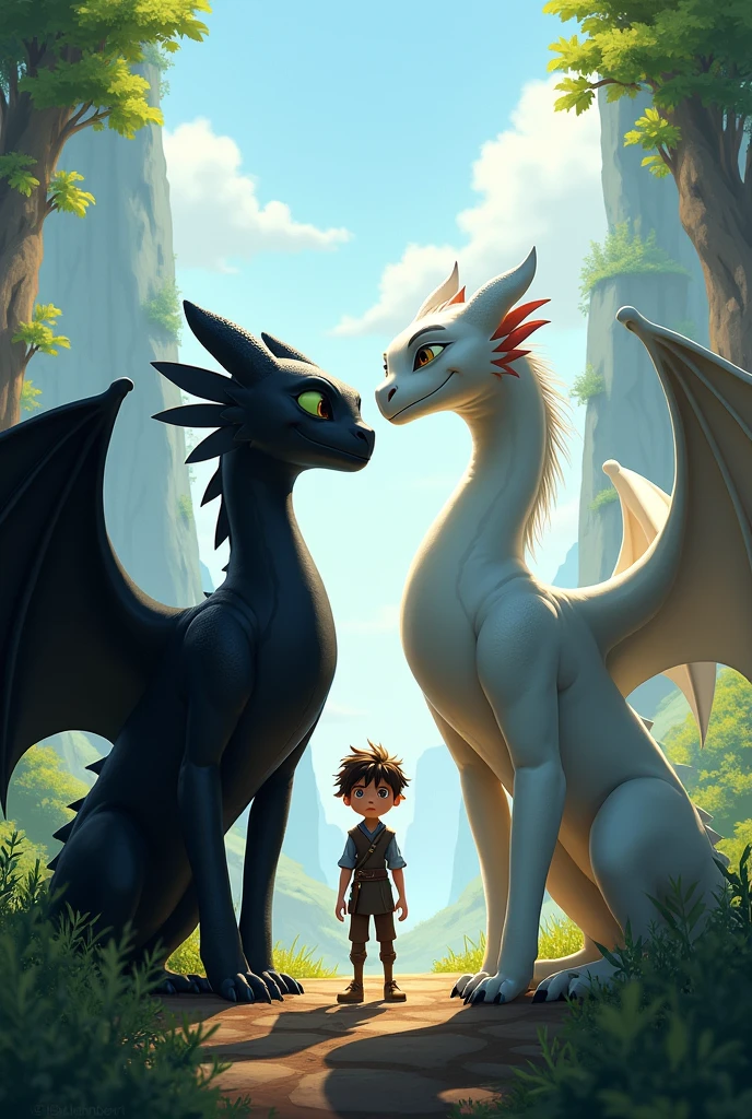 Generate toothless from how to Train your Dragon
With light fury beside him
And hiccup