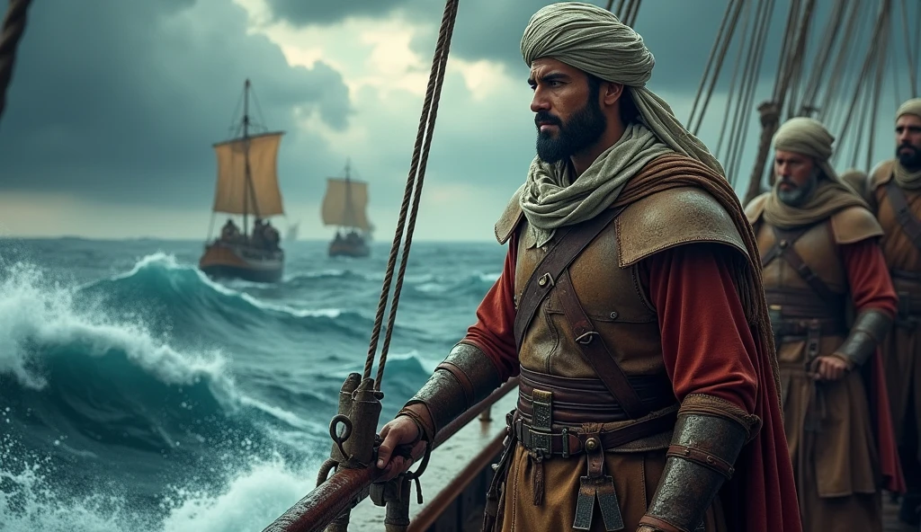 Create an ultra-realistic, cinematic image of Thariq bin Ziyad and his troops crossing a turbulent sea. Thariq is depicted as a Muslim warrior in traditional Islamic attire, wearing a turban along with leather and iron armor, with a determined and resolute expression. He stands at the helm of a ship, gripping the edge with one hand as the wind whips through his attire. His troops, dressed similarly in traditional armor, brave the fierce waves around them. Behind Thariq, the ship is packed with his warriors, all maintaining their balance against the rocking motion of the vessel, ready for battle. Other ships in the fleet can be seen battling the stormy sea in the distance. The scene is set against a dramatic, stormy sky, with dark clouds swirling overhead, occasionally illuminated by flashes of lightning. The churning sea below is depicted with foamy waves crashing against the sides of the ships, emphasizing the danger and intensity of the journey. Utilize epic color grading with deep blues and grays dominating the sea and sky, contrasting with the warm, weathered tones of the warriors' attire and skin. Subtle highlights in gold accentuate Thariq and his men, bringing a sense of heroism and focus to their figures amidst the chaotic environment, creating a balanced and cinematic composition