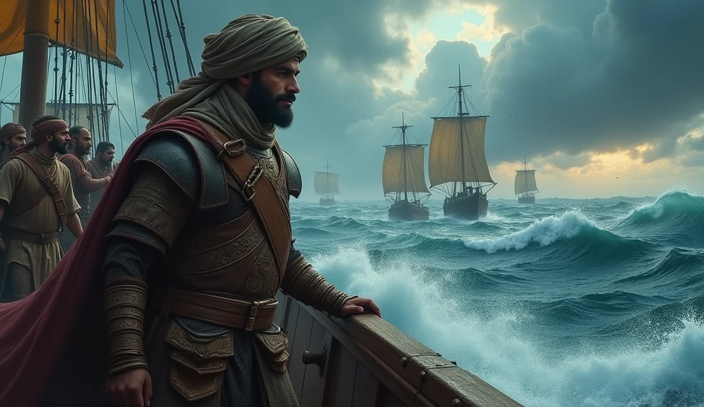 Create an ultra-realistic, cinematic image of Thariq bin Ziyad and his troops crossing a turbulent sea. Thariq is depicted as a Muslim warrior in traditional Islamic attire, wearing a turban along with leather and iron armor, with a determined and resolute expression. He stands at the helm of a ship, gripping the edge with one hand as the wind whips through his attire. His troops, dressed similarly in traditional armor, brave the fierce waves around them. Behind Thariq, the ship is packed with his warriors, all maintaining their balance against the rocking motion of the vessel, ready for battle. Other ships in the fleet can be seen battling the stormy sea in the distance. The scene is set against a dramatic, stormy sky, with dark clouds swirling overhead, occasionally illuminated by flashes of lightning. The churning sea below is depicted with foamy waves crashing against the sides of the ships, emphasizing the danger and intensity of the journey. Utilize epic color grading with deep blues and grays dominating the sea and sky, contrasting with the warm, weathered tones of the warriors' attire and skin. Subtle highlights in gold accentuate Thariq and his men, bringing a sense of heroism and focus to their figures amidst the chaotic environment, creating a balanced and cinematic composition