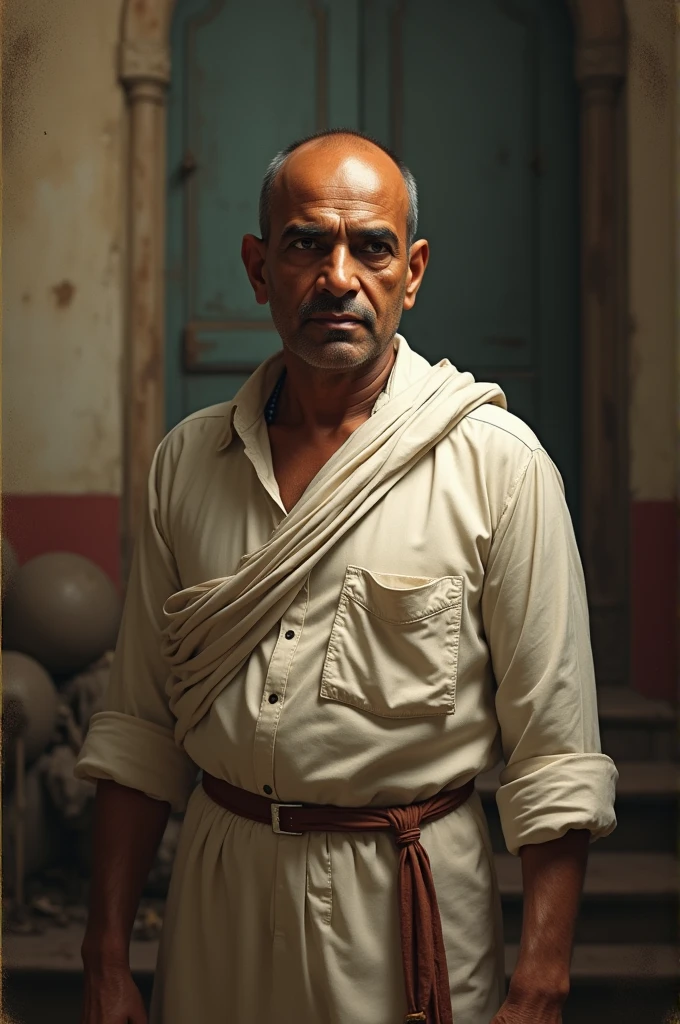 Nathuram Godse standing in a 1940s setting, wearing traditional Indian clothing, with a serious and conflicted expression, hinting at the weight of his decision to assassinate Mahatma Gandhi. Historical images looks