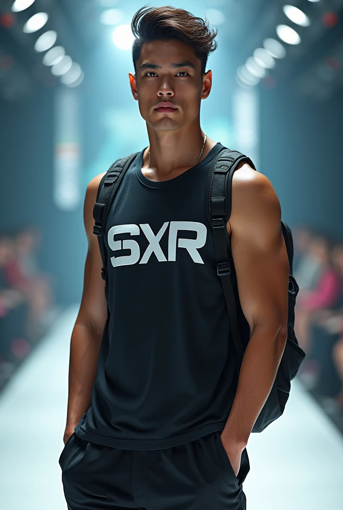 a sportwear fashion handsome 18 yrs. old Latin Asian male model, runway show full body holding sports bag pack, tank top casual wear style, SXR logo design, ultra-detailed, film photography, light leaks, trending on sportwear, sharp focus, studio photo, futuristic details, highly detailed
