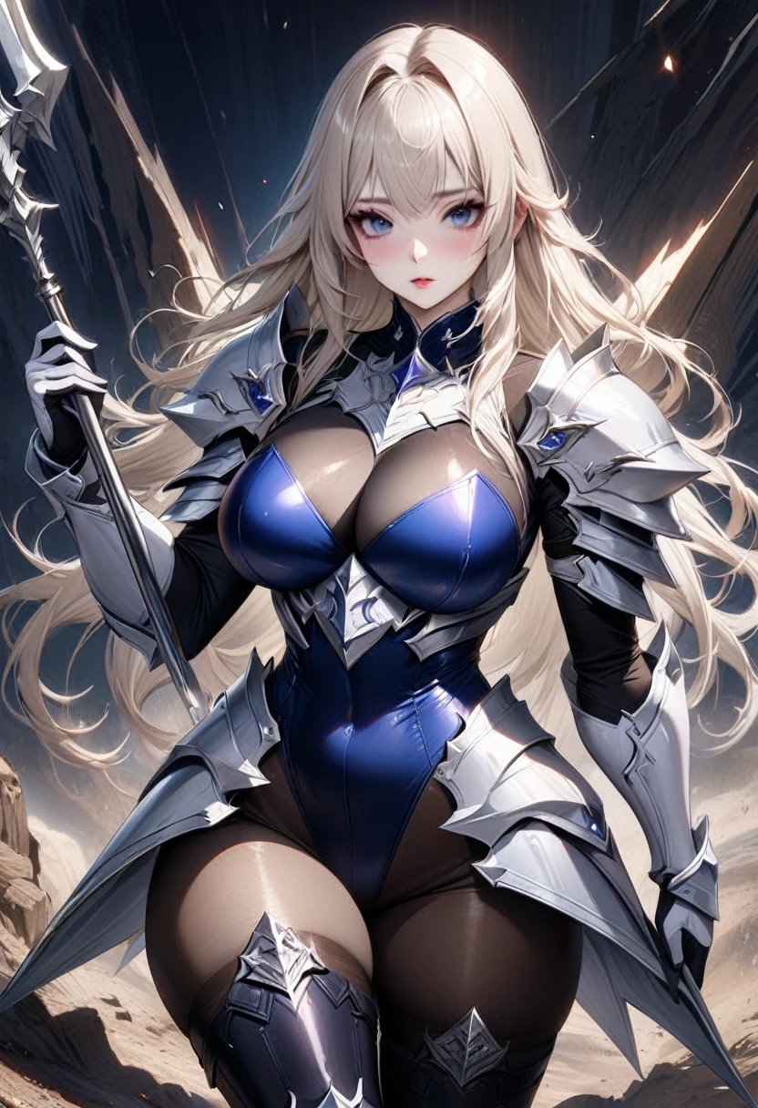 ((hyperrealistic animated painting)), ((masterpiece)), ((fantasy art)), (solo), 1girl, ((curvy)), ((Tight and digging into the skin: 1.2)), perfect face, ((kawaii)), ((princess armored dress leotard: 1.3)), ((white paladin armor)), ((skin-tight pantyhose leotard: 1.4)), ((white knight armor breastplate)), ((skin-tight black Investigator Bodystocking)), ((large pauldron)), (white long gauntlet gloves), ((long straight platinum blonde hair)), ((Big chest that looks like it's going to burst under pressure)), (pantyhose thighs), ((Knee-high boots on the white tight skin that digs into it)), (high heel boots), ((see through cleavage cutout)), Coat of arms leotard, zettai ryouiki, Perfect and beautiful dark blue eyes, Perfect hands, perfect fingers, luxurious goldsmith one hand spear, holding a spear, prepare a spear, makeup, cowboy shot, spear stuck in the ground