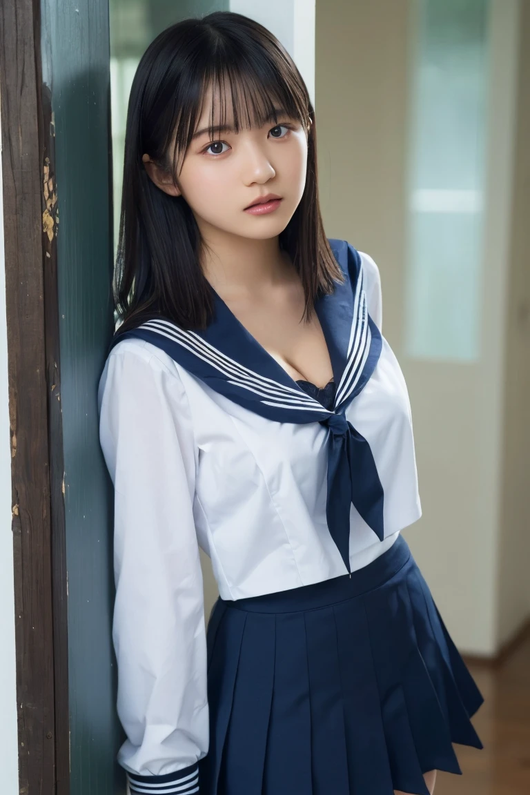 sailor,(bursting breast,cleavage,tall stature,170cm:1.3),ultra mini skirt,Highest quality,Ultra-high resolution,1 person,whole body,Black hair, cool expression,Looking into the camera,Beautiful and elaborate face,Fine and beautiful skin,Skin Texture,high school student,uniform,Standing pose